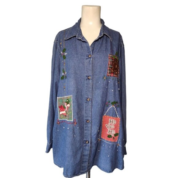 Vtg Victoria Jones Chambray Christmas Shirt Size 1X Plaid Patchwork Faux Pearls - Picture 1 of 8